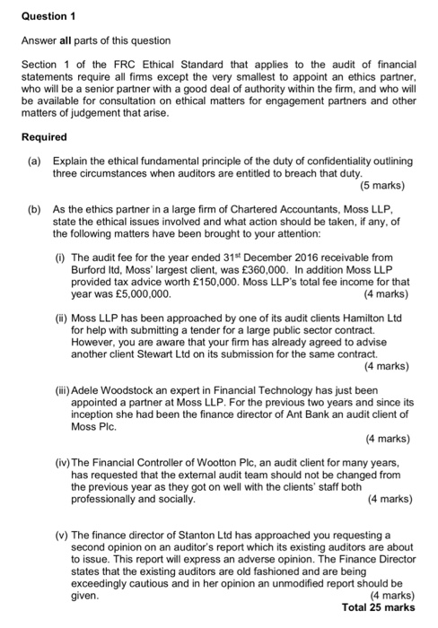 Audit and Assurance Question - Ethics problem Question 1 Answer all