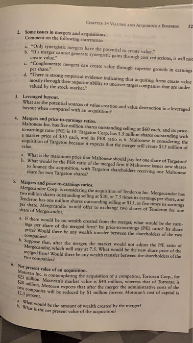  question Number 3 and 4 CHAPTER 14 VALUING AND ACQUIRING A