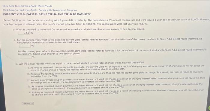  capital yield & yield to maturity pleass help solve this homework