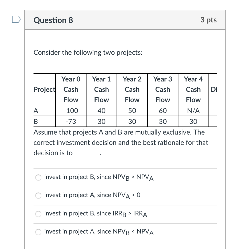 Question 8 3 pts Consider the following two projects: Year 0