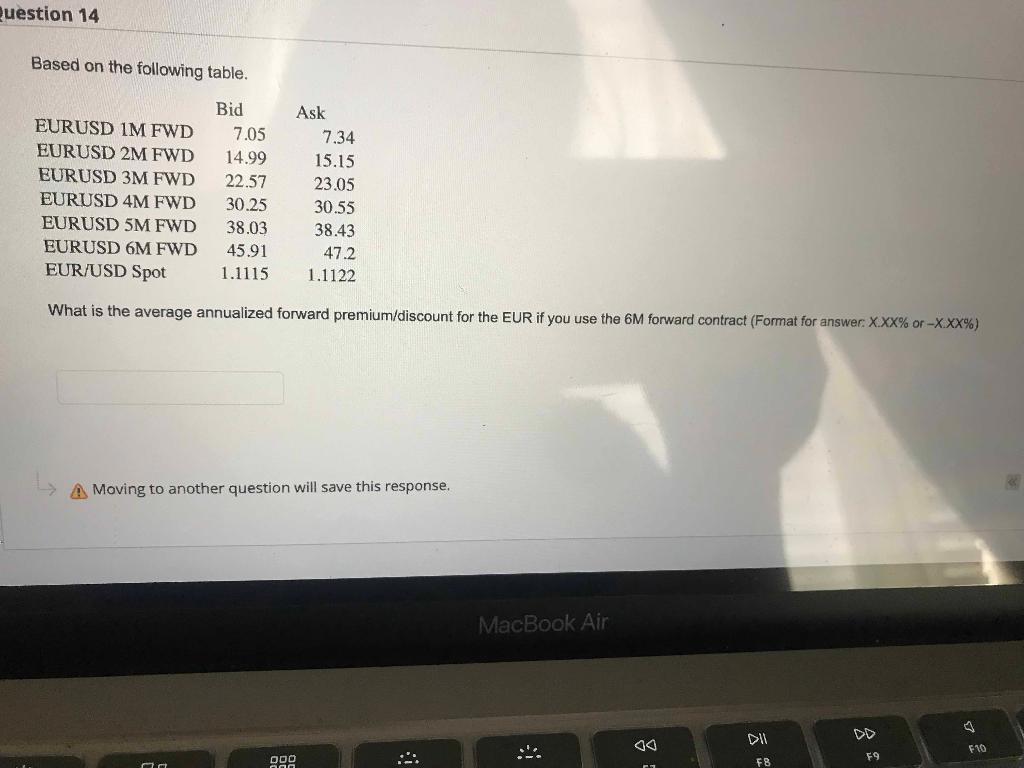  Question 14 Based on the following table. Bid Ask 7.34 EURUSD
