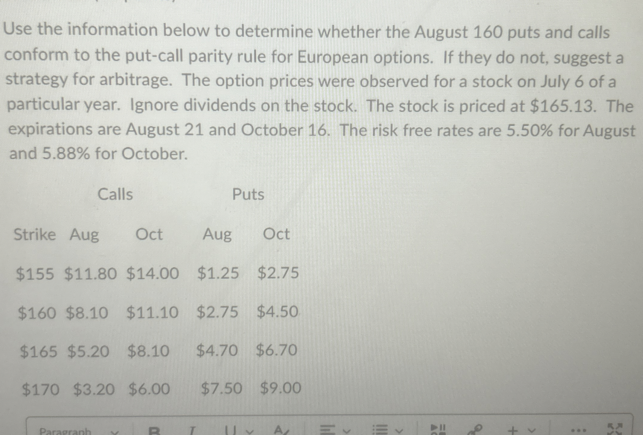  Use the information below to determine whether the August 160 puts