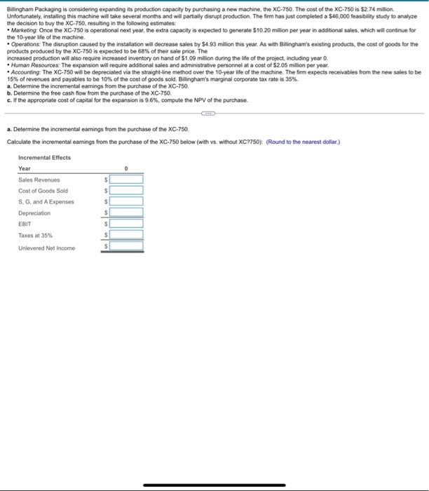  Bilingham Packaging is considering expanding its production capacity by purchasing a