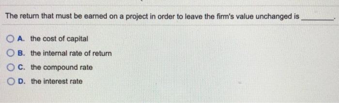  The return that must be earned on a project in order