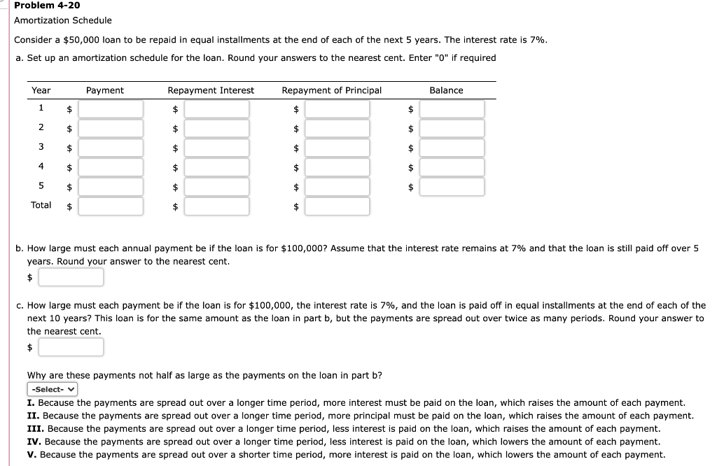 Problem 4-20 Amortization Schedule Consider a $50,000 loan to be repaid