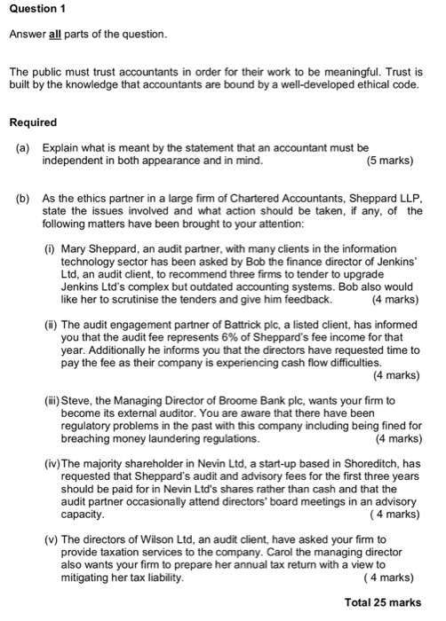  Audit and Assurance Question Ethical problem Question 1 Answer all parts