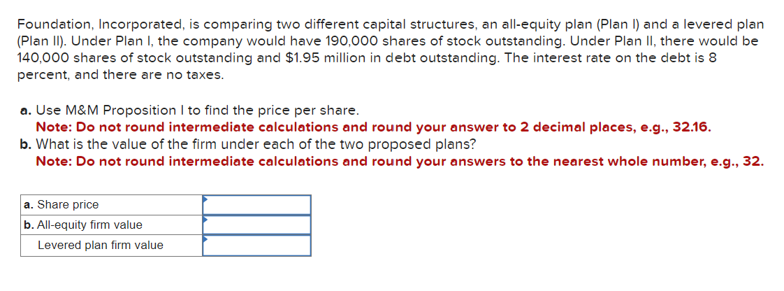  Foundation, Incorporated, is comparing two different capital structures, an all-equity plan