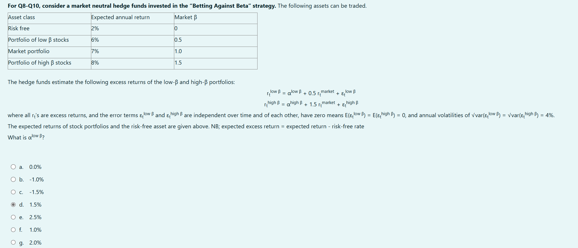  For Q8-Q10, consider a market neutral hedge funds invested in the