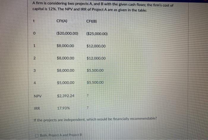  A firm is considering two projects A and B with the