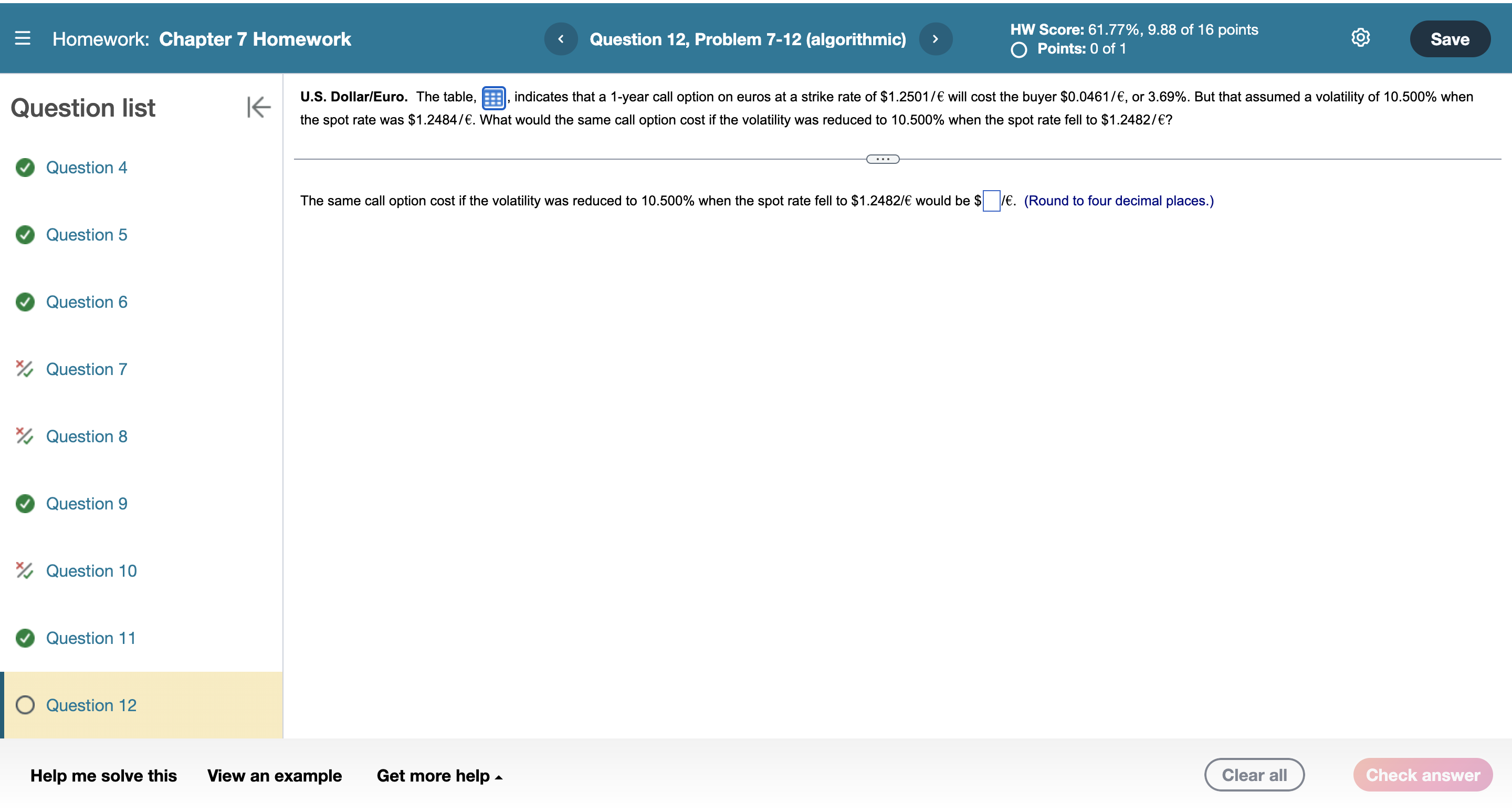 Options on the Euro at assumed a volatility of 10.500% when A