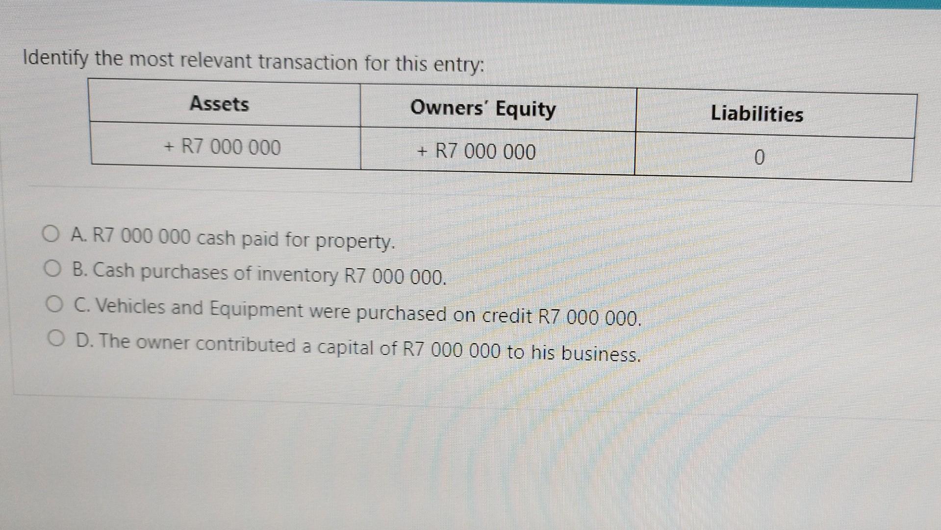 Identify the most relevant transaction for this entry: A. R7 000000