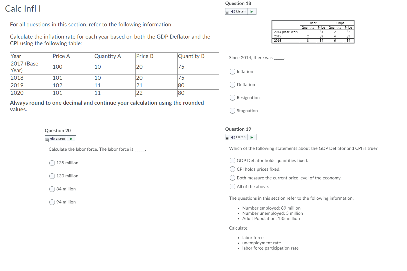  Questons 18, 19 , 20 Question 18 Calc Infll E Listen