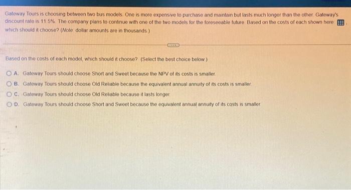  Gateway Tours is choosing between two bus models One is more