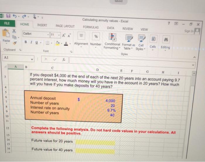  Soved FILE HOME Calculating annuity values - Excel FORMULAS DATA REVIEW
