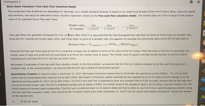  please help Homework 5 Basic Stock Valuation Free Cash Flow Valuation