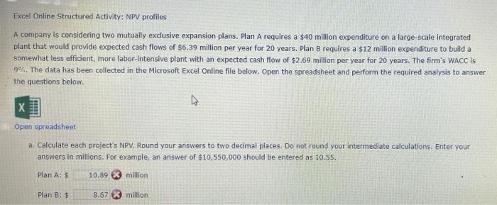 A company is considering two mutually exclusive expansion plansPlan A requires a