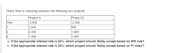  Teddy Bear is choosing between the following two projects: Project A