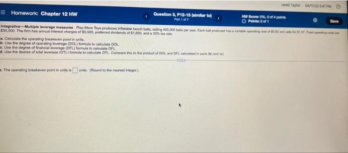  Save and Taylor 04/07 = Homework: Chapter 12 HW Question 3,