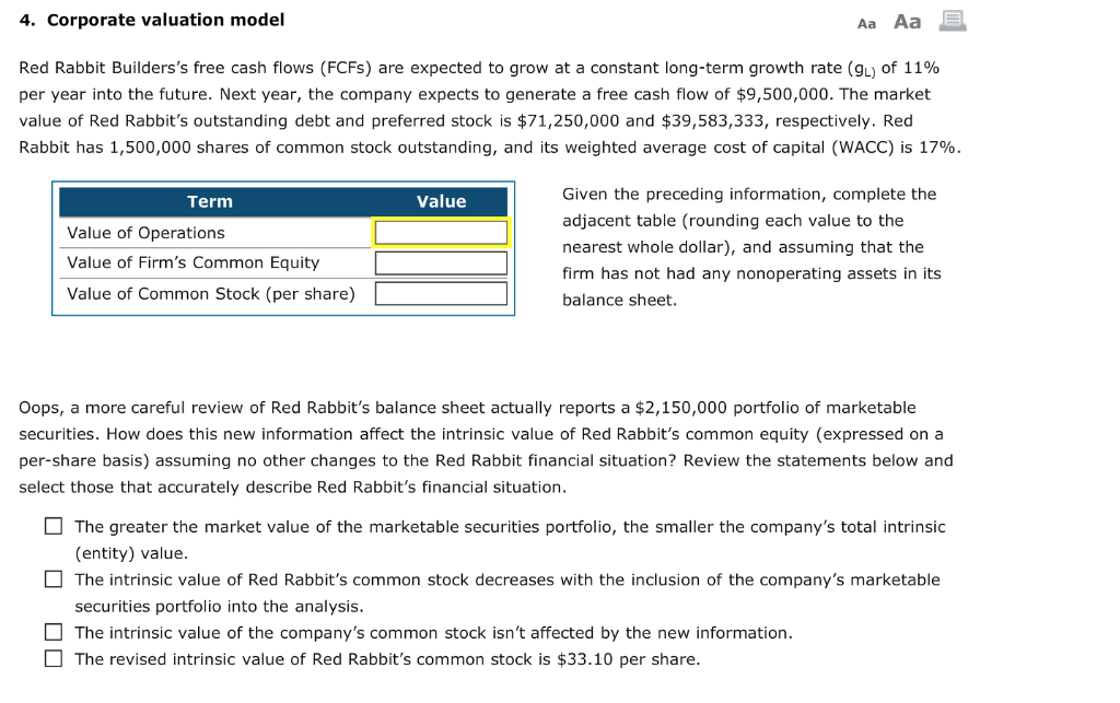  4. Corporate valuation model Aa Aa Red Rabbit Builders's free cash