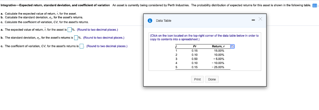 Integrative Expected return, standard deviation, and coefficient of variation An asset
