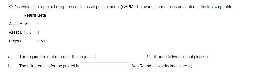  XYZ is evaluating a project using the capital asset pricing model