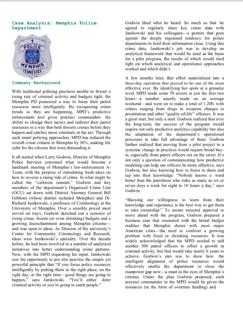 CASE ANALYSIS : MEMPHIS POLICE DEPARTMENT PLEASE HELP Case Analysis: Memphis Police