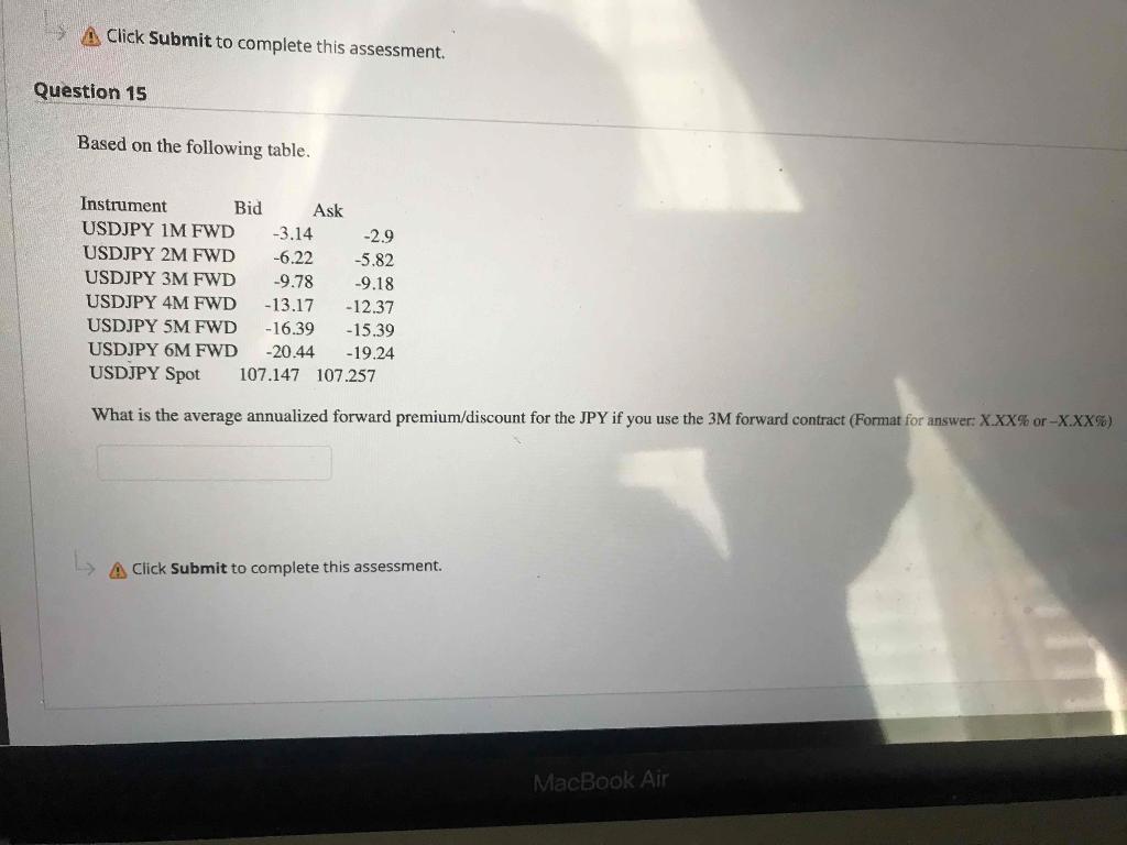Click Submit to complete this assessment. Question 15 Based on the