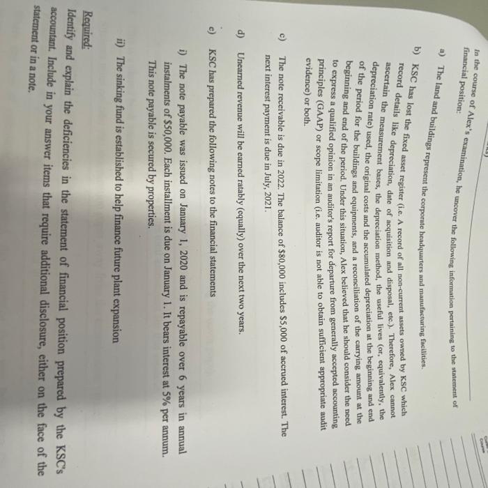 Identify and explain the deficiencies in the statement financial position: In the