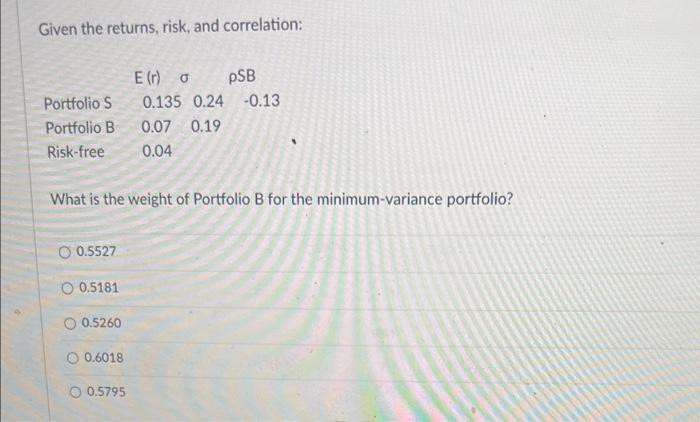  Given the returns, risk, and correlation: What is the weight of