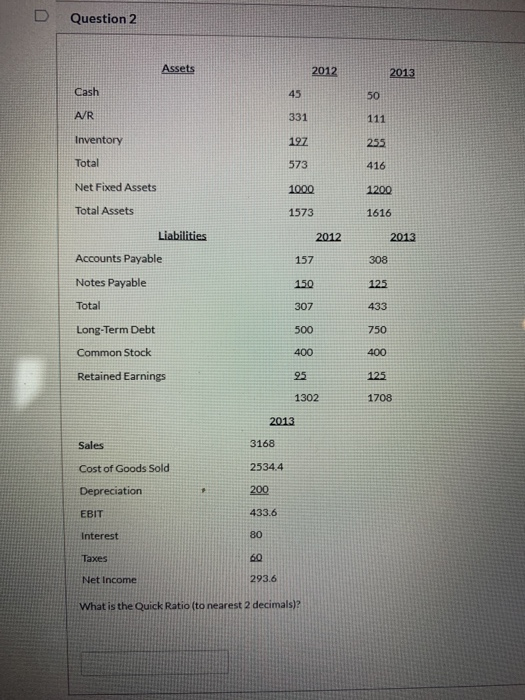 2012 2013 Cash 45 50 AR 331 111 Inventory 197 255 Total