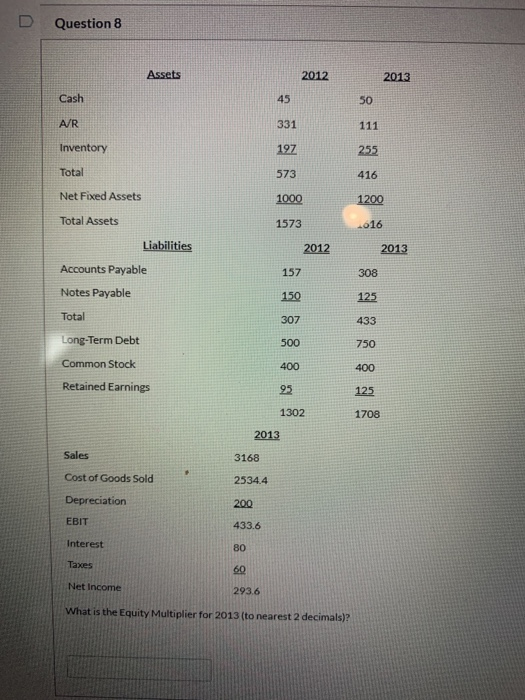 the Current Ratio for 2013 (to nearest 2 decimals)? D Question 2