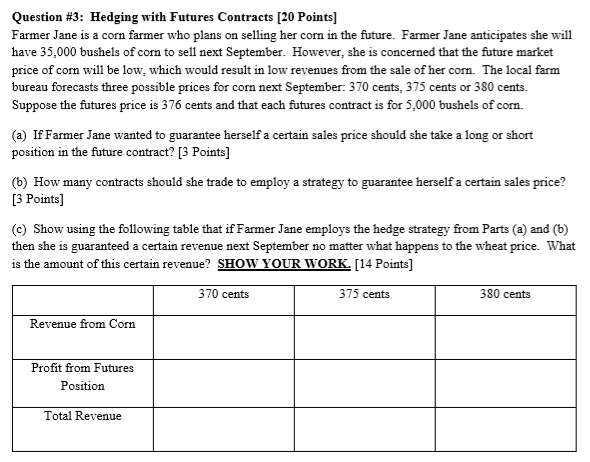  Question #3: Hedging with Futures Contracts [20 Points] Farmer Jane is