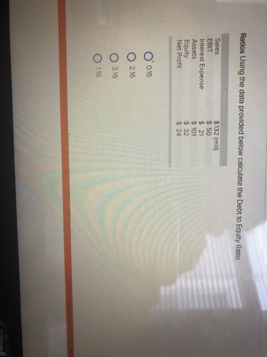  Ratios Using the data provided below calculate the Debt to Equity