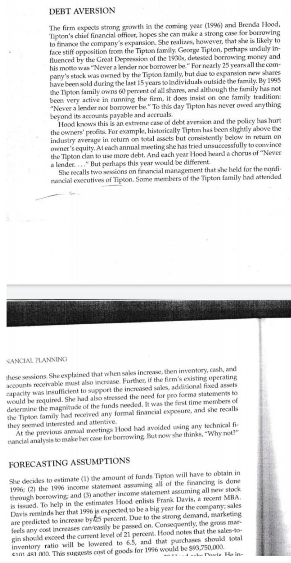 will have to obtain in 1996; (2) the 1996 income statement assuming