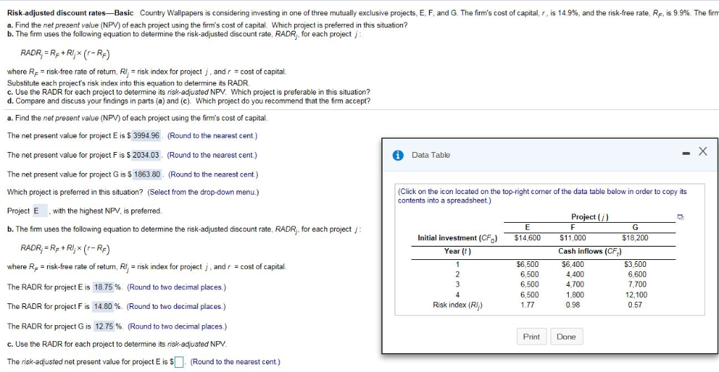 I need to find the risk-adjusted present value for Project E, F,