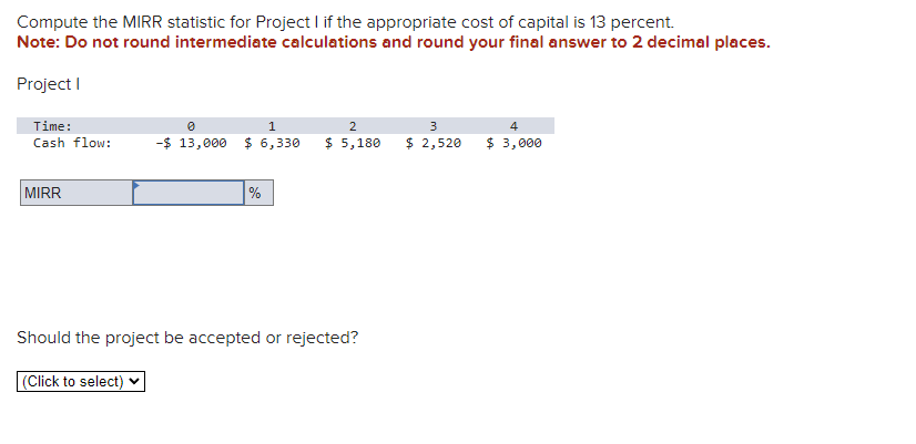 Compute the MIRR statistic for Project I if the appropriate cost