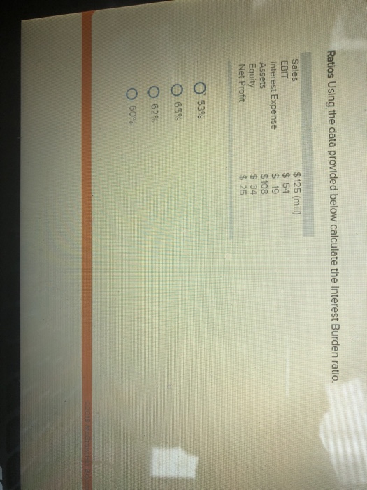 Burden ratio Sales EBIT interest Expense Assets Equity Net Profit $126 (miltl)