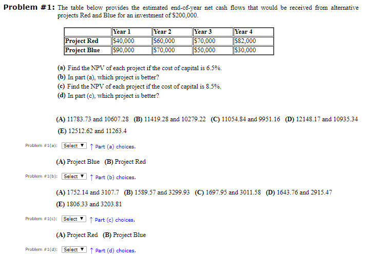Problem #1: The table below provides the estimated end-of-year net cash