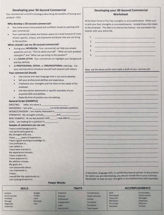  Developing your 30-Second Commercial Worksheet Write down three or four key