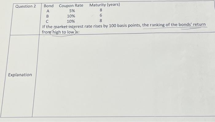 answer and explanation please. \begin{tabular}{|l|lcc|} \hline Question 2 & Bond & Coupon