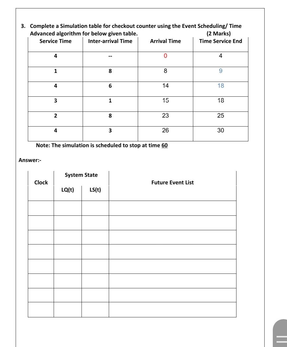  3. Complete a Simulation table for checkout counter using the Event