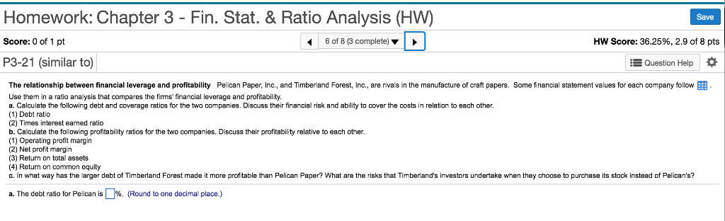  Homework: Chapter 3 - Fin. Stat. & Ratio Analysis (HW) Save