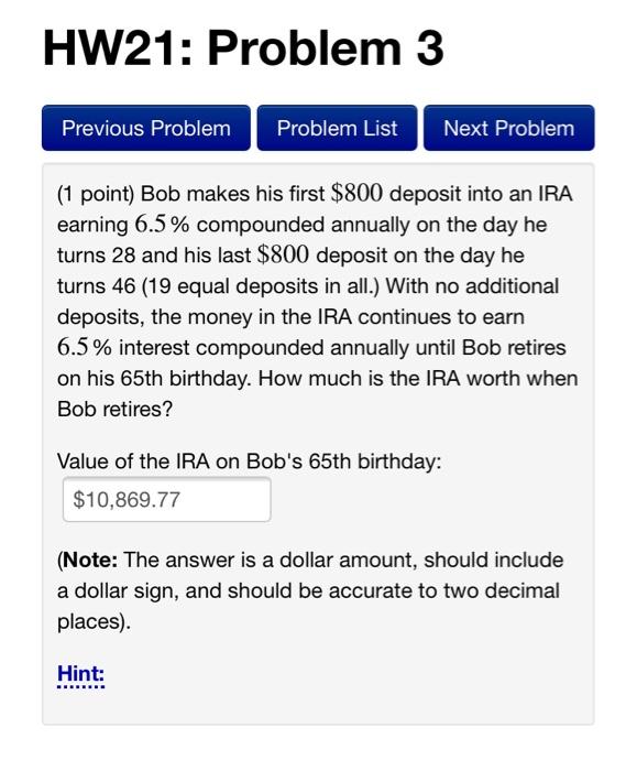  HW21: Problem 3 Previous Problem Problem List Next Problem (1 point)