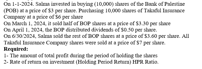  On 1-1-2024. Salma invested in buying (10,000) shares of the Bank