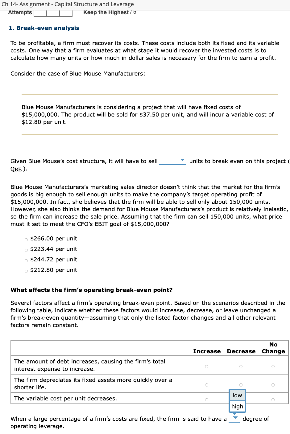 Ch 14- Assignment - Capital Structure and Leverage Attempts Keep the