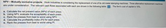  NPV - Mutually exclusive projects Hook Industries is considering the replacement