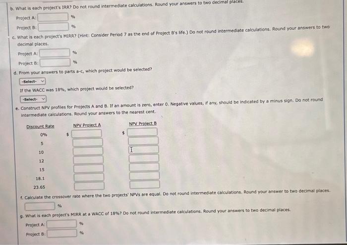 investments (that cannot be repeated) with the following cash flows: a. What