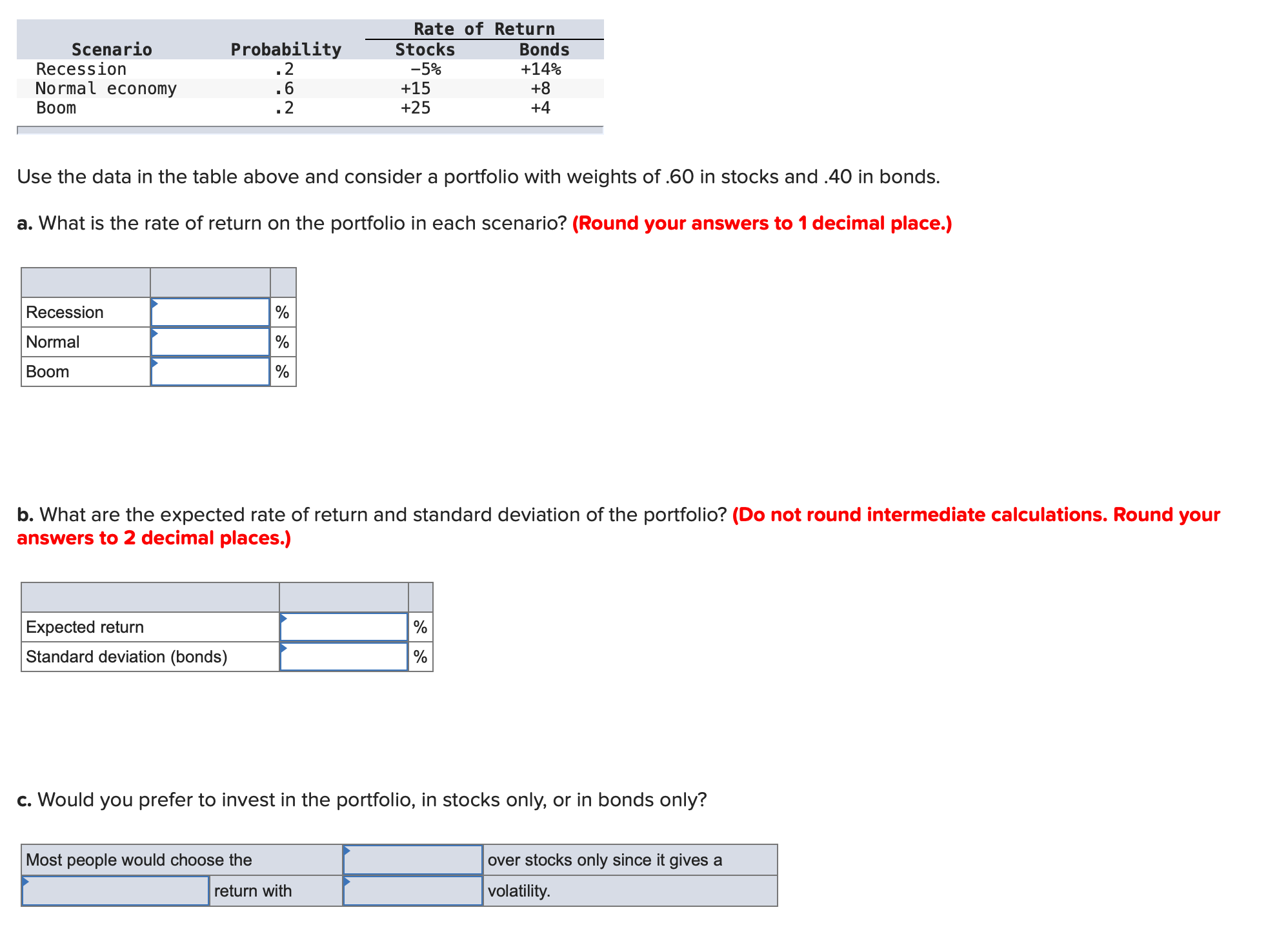 Use the data in the table above and consider a portfolio