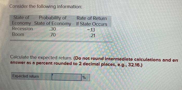  Consider the following information: Calculate the expected return. (Do not round