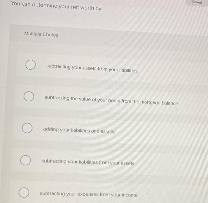  You can determine your net worth by Saved Multiple Choice O